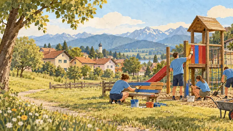 Aquarell: Jugendliche bauen und streichen gemeinsam einen Spielplatz am Ortsrand, im Hintergrund die Berge.