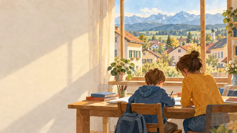 Aquarell: Ein Kind macht am Fenstertisch Hausaufgaben, eine Helferin sitzt daneben.