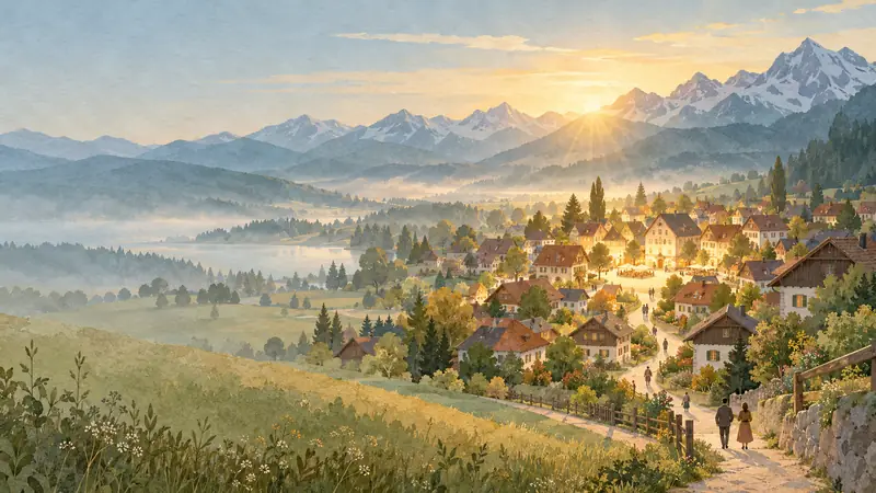 Aquarell: Blick über eine kleine Stadt am Alpenrand im Morgenlicht, Wege führen zur Mitte.