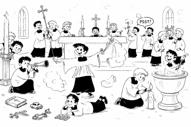 Comic-Zeichnung: Ministranten beim Dienst am Altar – mit Weihrauch, Kerzen, Prozessionskreuz und Taufe