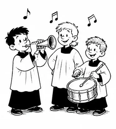 Zeichnung: Ministranten musizieren mit Trompete und Trommel